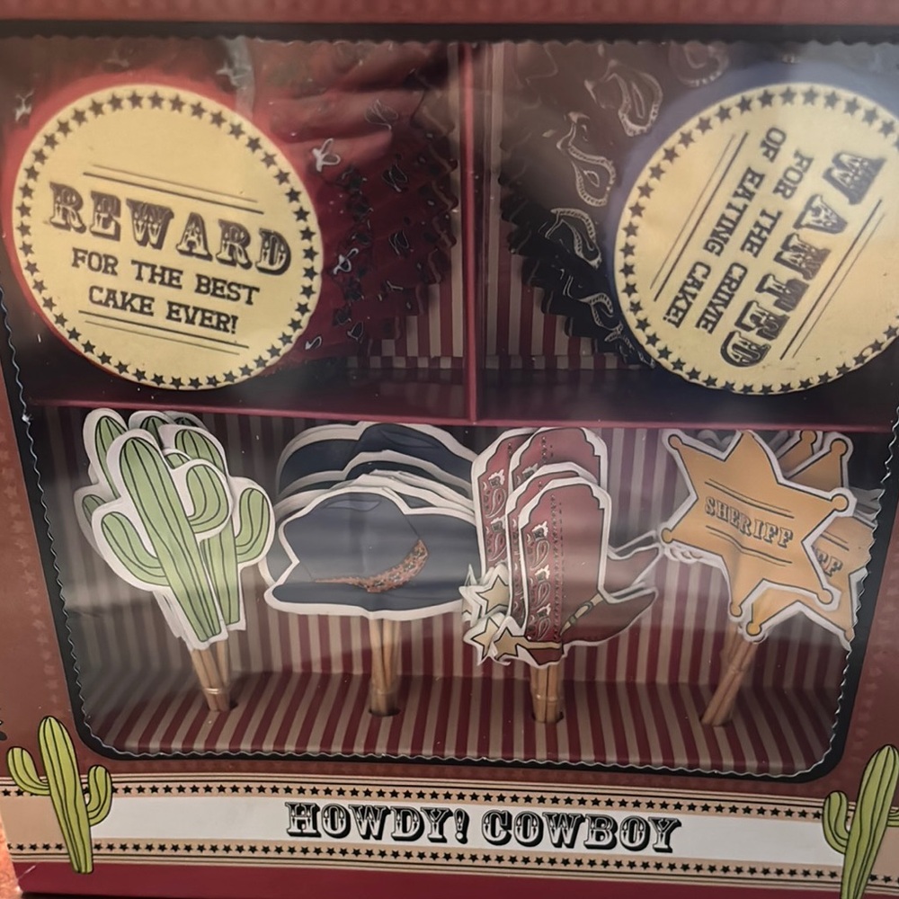 Rustic Red and Brown Cowboy Cake Toppers for Party Supplies New in Box - Picture 3 of 3
